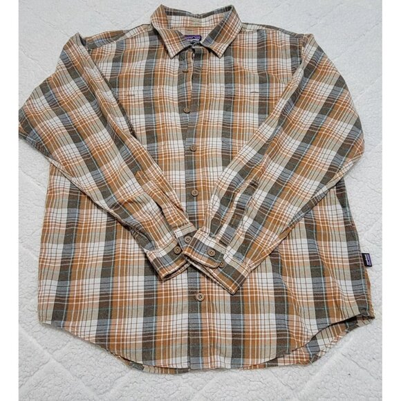Patagonia Mens Brown Plaid Button Up Shirt Long Sleeve Collared Organic Cotton M - Picture 2 of 8
